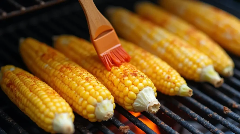 Fresh corn ears being seasoned and grilled on a grill.