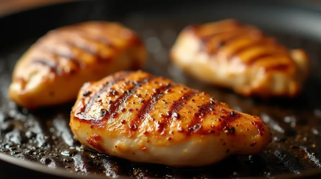 Grilled chicken breasts cooking on a pan with seasoning on top.