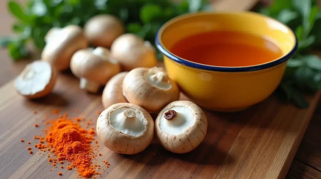 Fresh mushrooms, broth, and paprika on a kitchen counter.