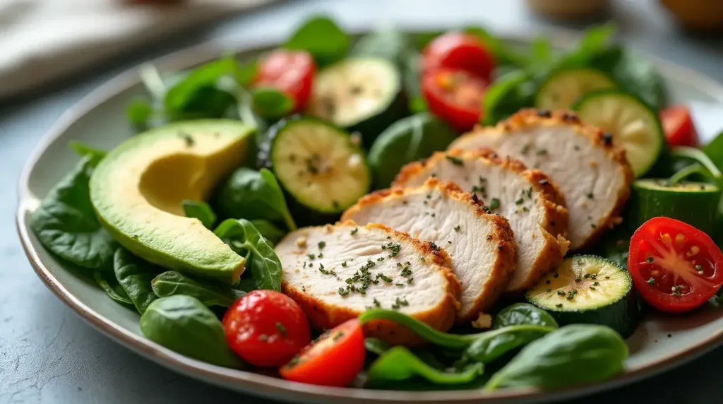 A vibrant diabetic-friendly dinner plate with grilled chicken, sautéed vegetables, quinoa, and avocado slices.