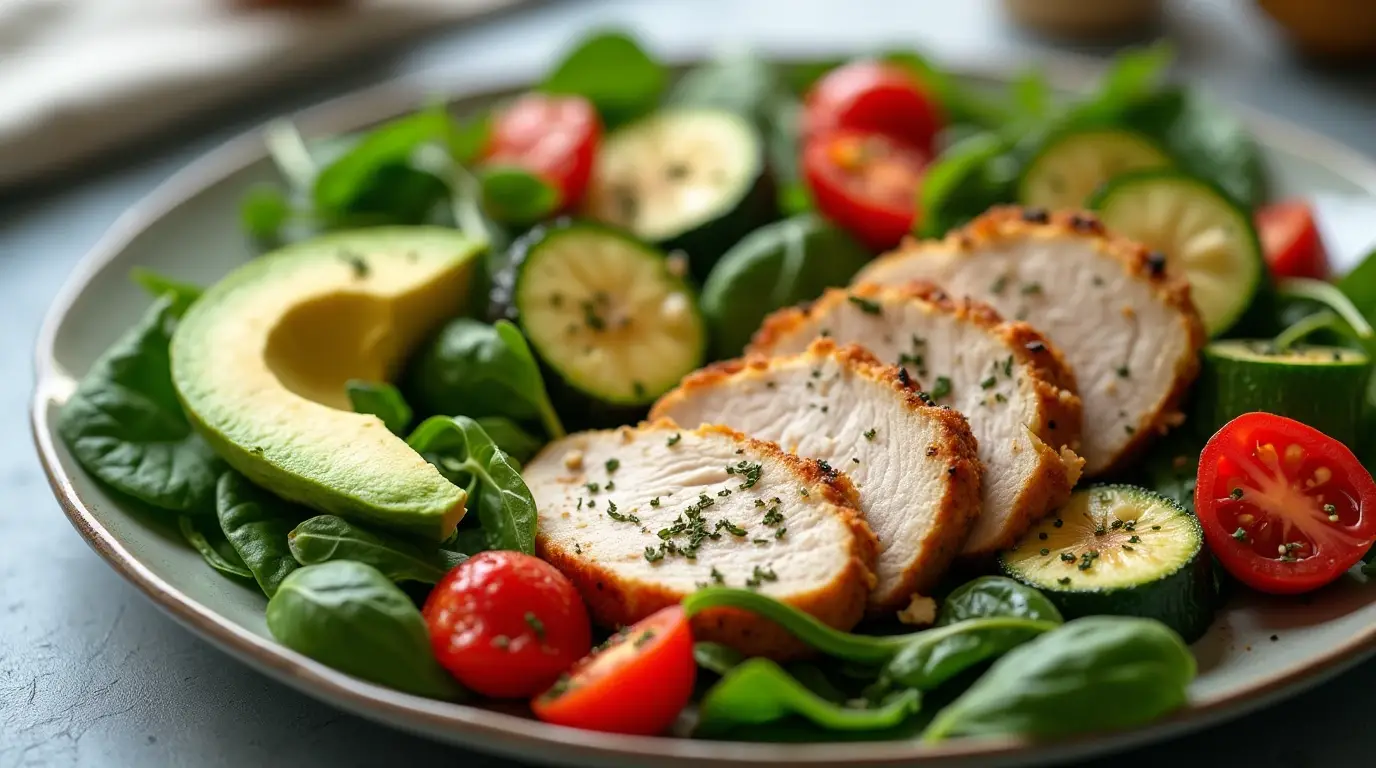 A vibrant diabetic-friendly dinner plate with grilled chicken, sautéed vegetables, quinoa, and avocado slices.