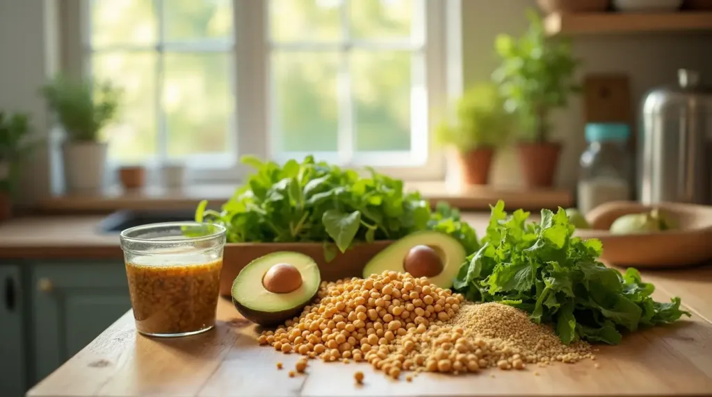Fresh ingredients for a gestational diabetes-friendly lunch on a kitchen counter.