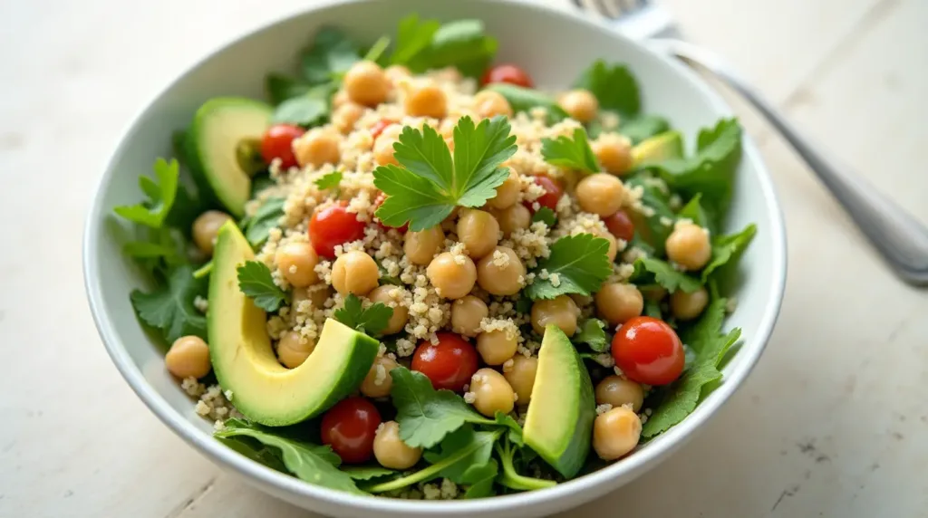 Quinoa, chickpeas, avocado, and mixed greens salad for gestational diabetes.