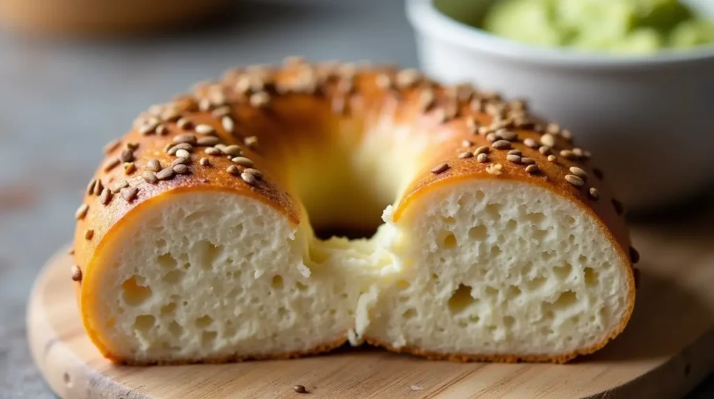 A freshly sliced protein bagel with a fluffy interior, sesame seeds on top, and a bowl of avocado spread.