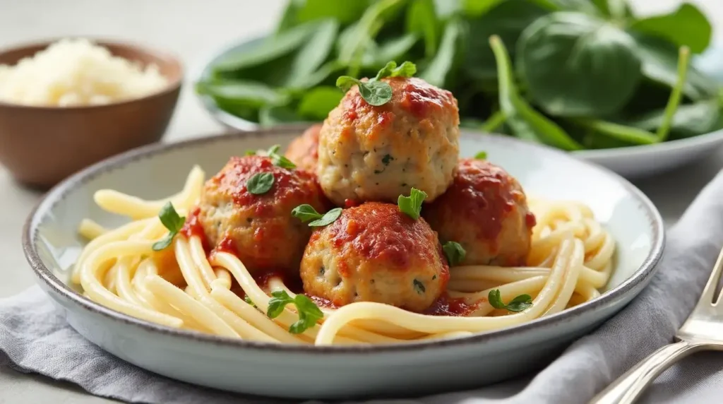 A plate of Southern Style Baked Chicken Ricotta Meatballs with spinach and Parmesan cheese.