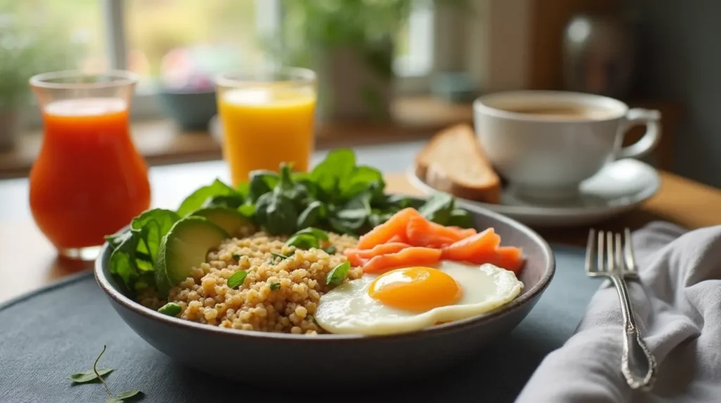 Healthy high-protein breakfast bowl with quinoa, eggs, salmon, avocado, and spinach.