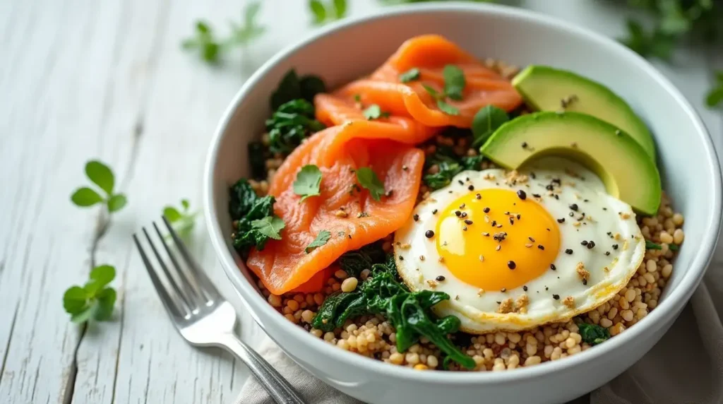 High-protein breakfast bowl with quinoa, scrambled eggs, smoked salmon, spinach, avocado, and tahini