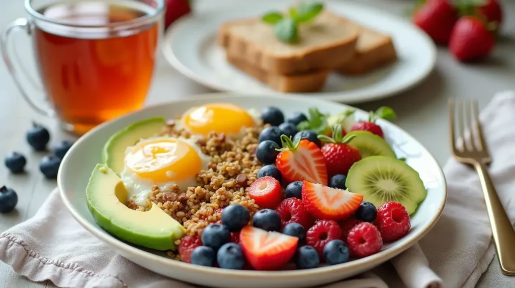 High-protein breakfast bowl with side of fruit, toast, and tea.