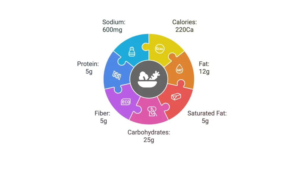 Nutritional breakdown of Hungarian Mushroom Soup with calories, fat, carbs, protein, fiber, and sodium.