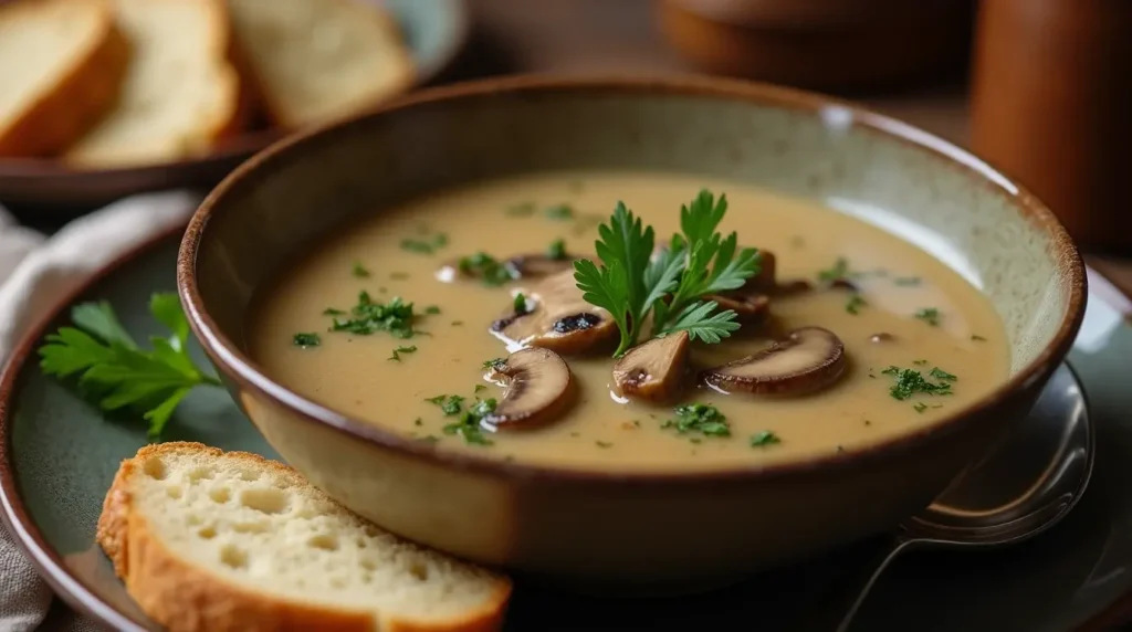 A bowl of Hungarian Mushroom Soup with fresh parsley and crusty bread.