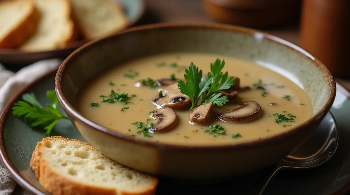 A bowl of Hungarian Mushroom Soup with fresh parsley and crusty bread.
