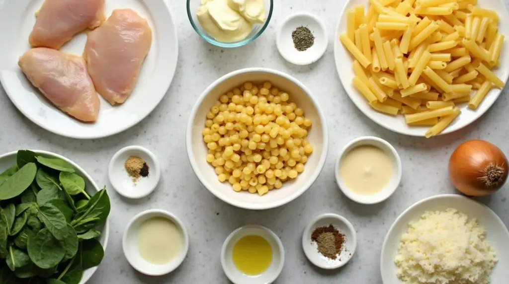 A flat lay of ingredients for creamy chicken pasta.