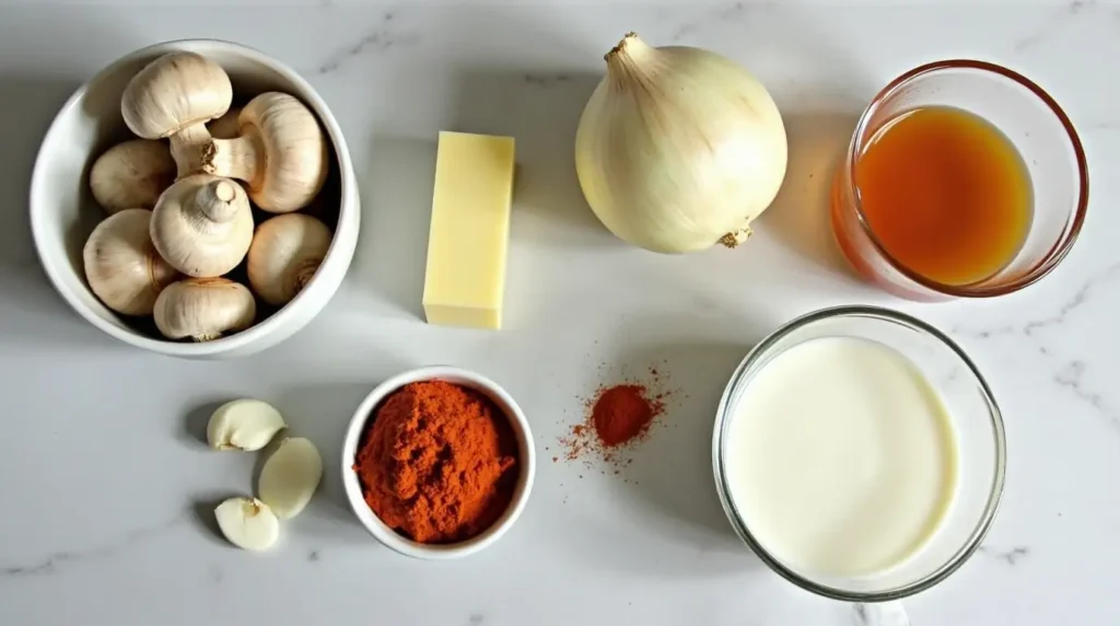 Fresh ingredients for Hungarian Mushroom Soup on a kitchen counter.
