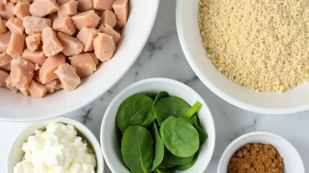 Ingredients for baked chicken ricotta meatballs, including chicken, ricotta, spinach, and breadcrumbs