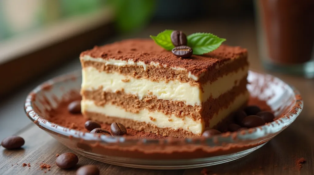 Italian Tiramisu Recipe – A delicious serving of tiramisu with cocoa dusting.