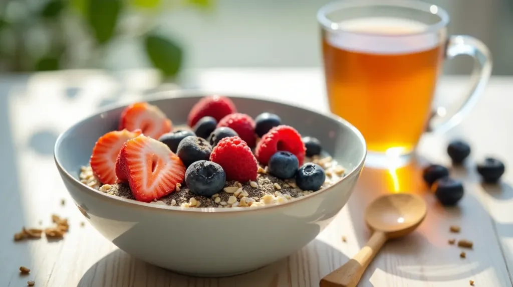 A bowl of low sugar oats topped with berries, chia seeds, and nuts.