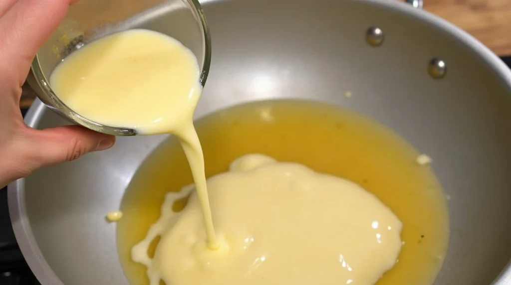 Pouring heavy cream and chicken broth into a skillet, simmering to thicken.