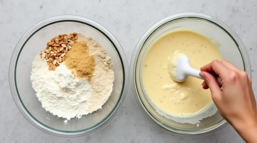 Mixing dry ingredients with wet ingredients to make protein bagel dough.
