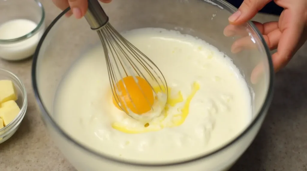 Whisking Greek yogurt, egg whites, and apple cider vinegar.