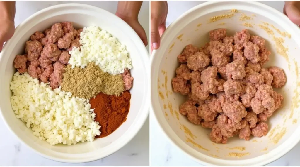 Mixing ground chicken, ricotta, and breadcrumbs in a large bowl.