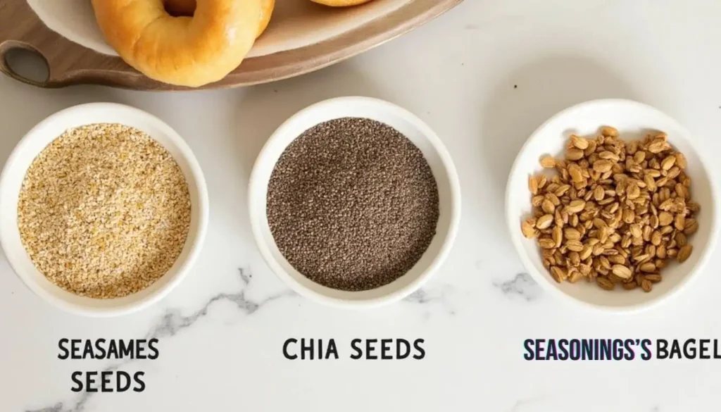Sesame seeds, chia seeds, and everything bagel seasoning for protein bagels.
