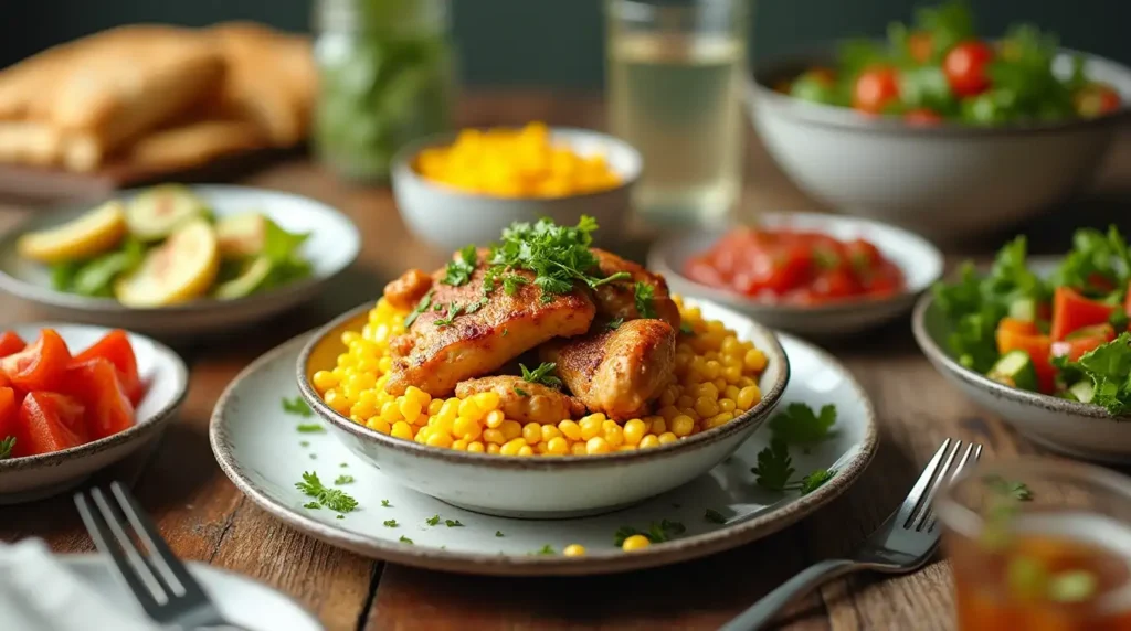 A dinner table with a complete meal featuring a Street Corn Chicken Rice Bowl and side dishes.