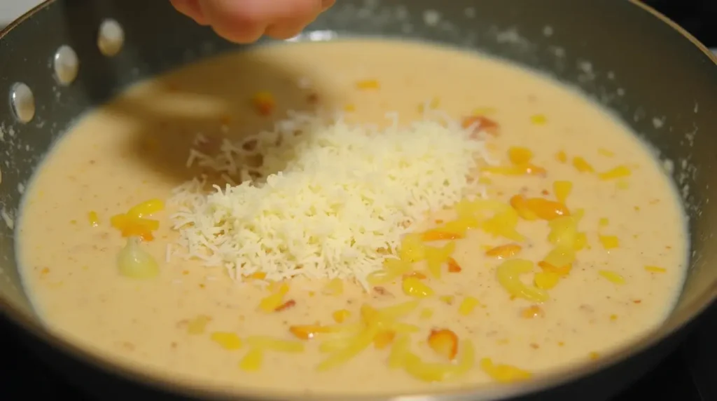 A creamy sauce simmering in a skillet with grated Parmesan cheese.