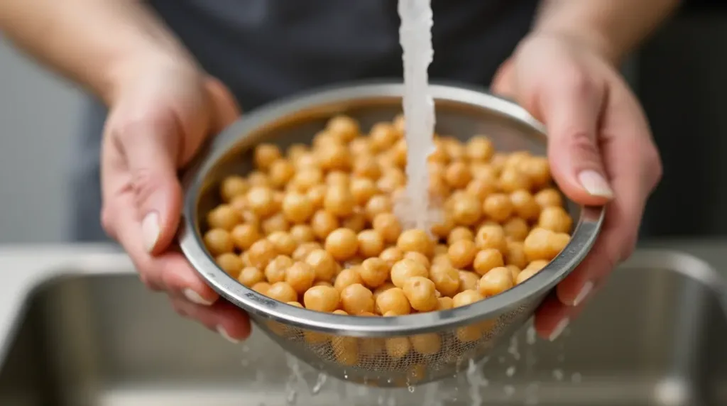 Rinsing canned chickpeas in a sieve under running water.