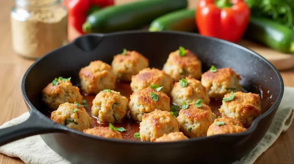 Crispy chicken ricotta meatballs with gluten-free breadcrumbs, fresh veggies, and dairy-free cheese alternatives.