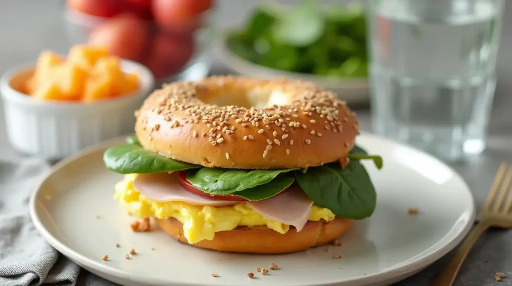 A protein bagel filled with scrambled eggs, turkey, and spinach, served with a side of fruit.