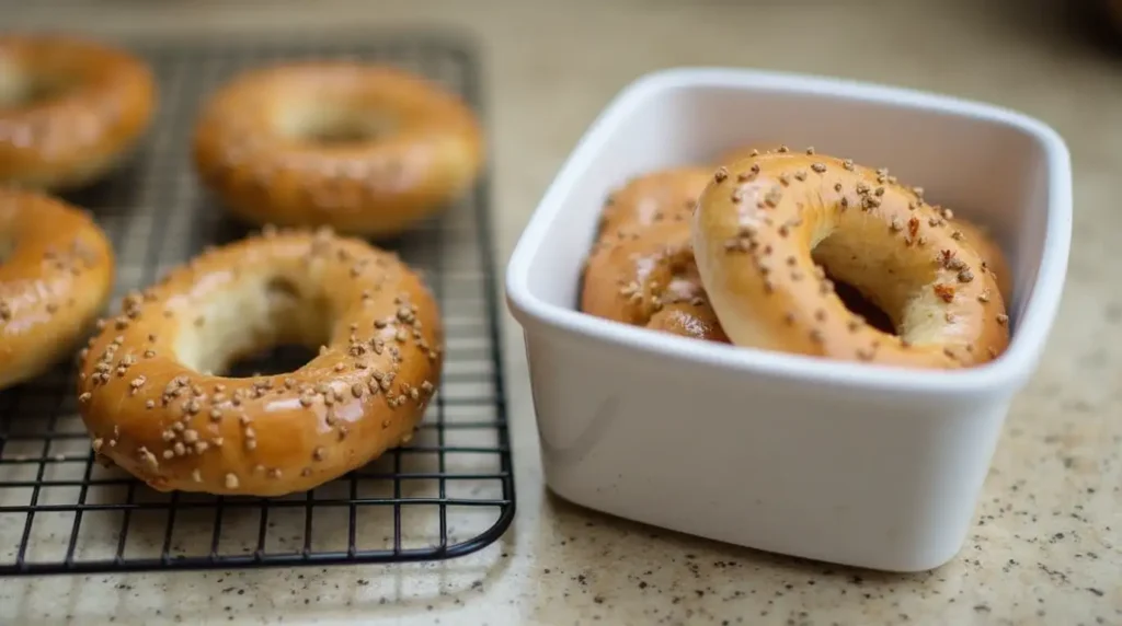 A batch of protein bagels cooling on a wire rack with a meal prep container in the background.