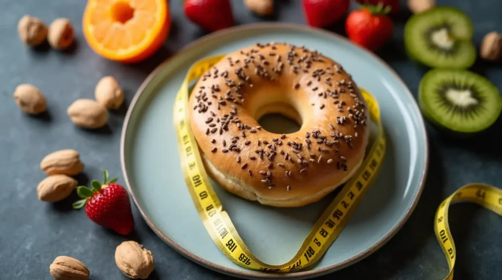 Protein bagels with a tape measure wrapped around them, symbolizing healthy weight management.