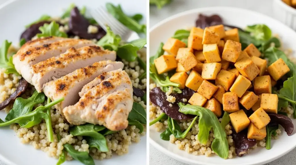 Grilled chicken and tofu as protein options for the salad.