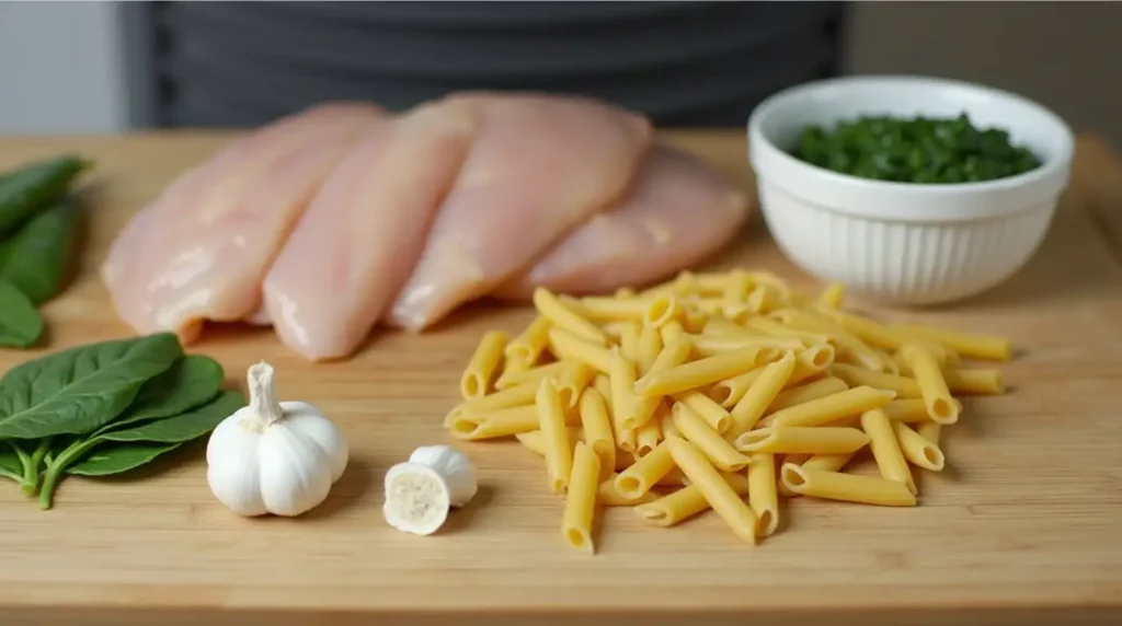 Ingredients for chicken pasta arranged on a counter, showcasing ease and speed.