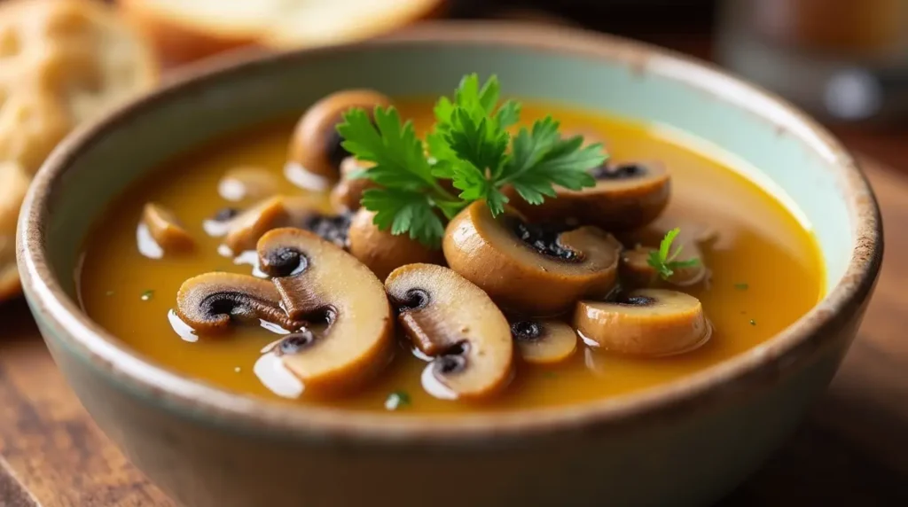 Garnished bowl of Hungarian Mushroom Soup with crusty bread.
