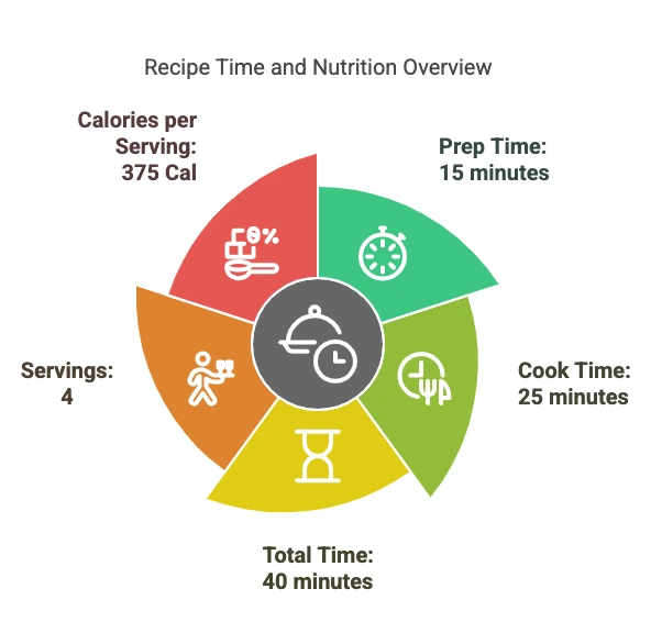 Recipe details showing prep time, cook time, total time, servings, and calories.