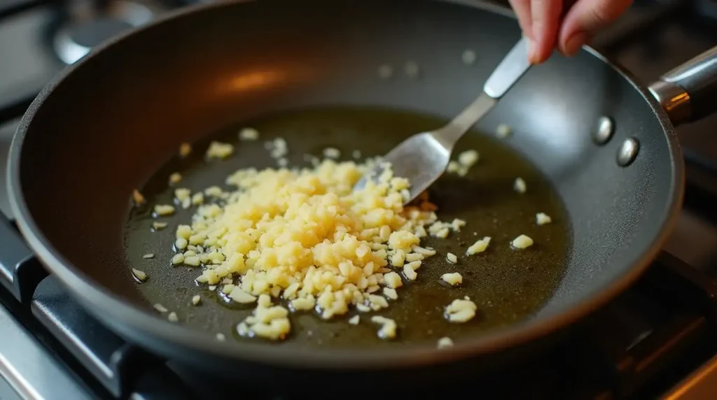 Sautéing minced garlic in olive oil for the spinach Alfredo sauce.