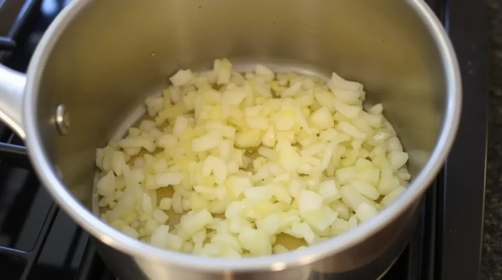 Onions and garlic sautéing in a pot.