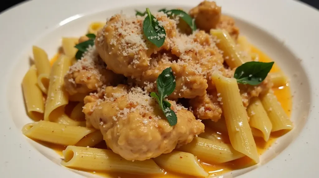 Plated creamy chicken pasta garnished with Parmesan cheese, fresh herbs, and crushed red pepper flakes.