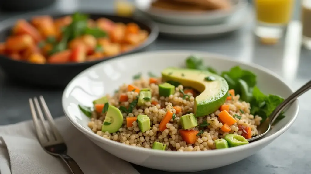 A complete meal with quinoa salad, roasted vegetables, and herbal tea.
