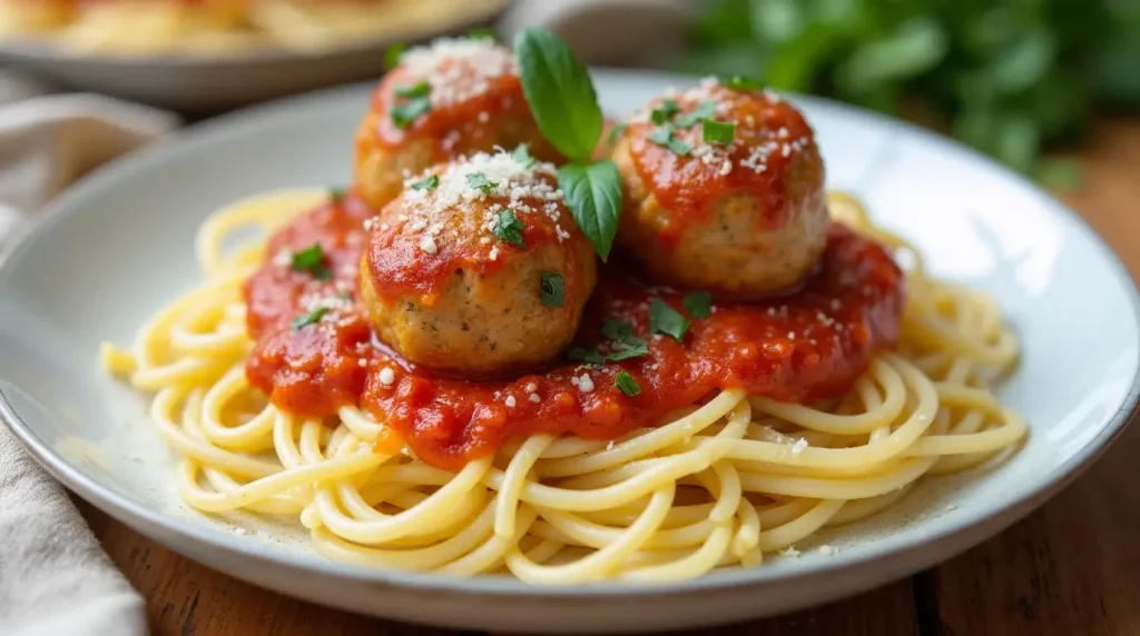 Southern Style Baked Chicken Ricotta Meatballs served with spaghetti and spinach Alfredo sauce.