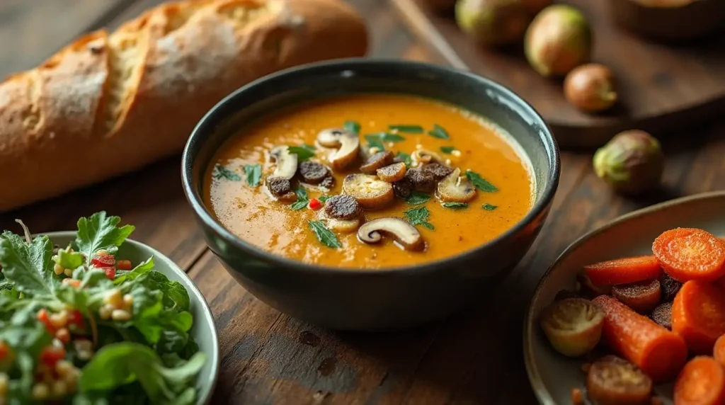 Hungarian Mushroom Soup served with crusty bread, mixed greens salad, and roasted vegetables.