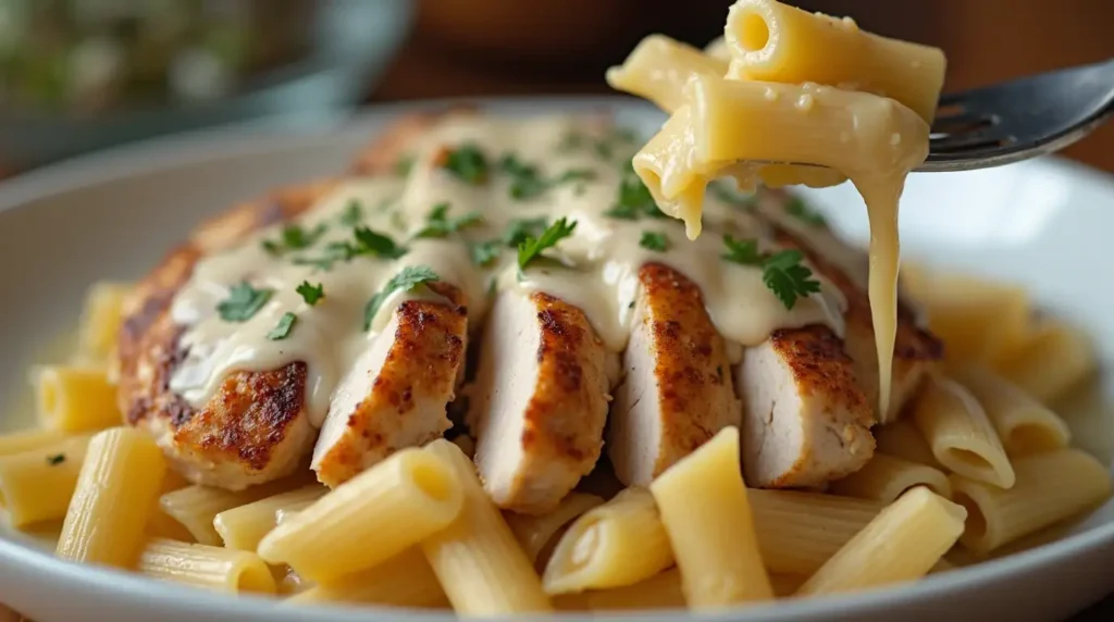 Plated chicken pasta with parmesan cheese