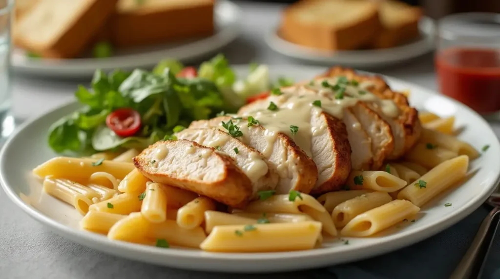 Plated chicken pasta with garlic bread and a side salad.