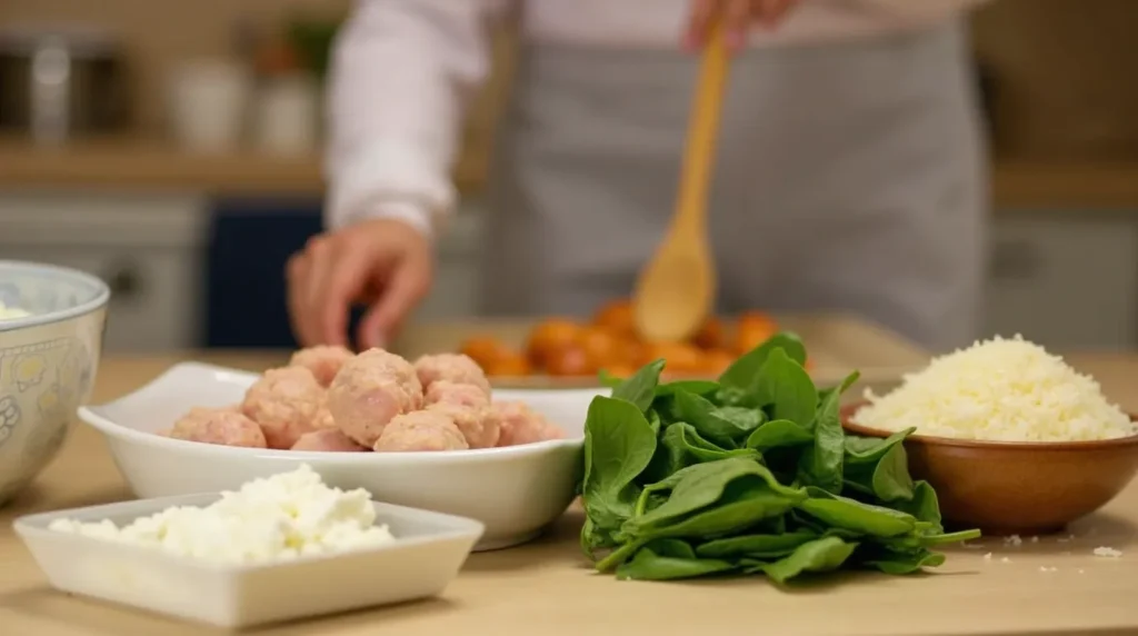 Ingredients for Southern Style Baked Chicken Ricotta Meatballs laid out on the kitchen counter.