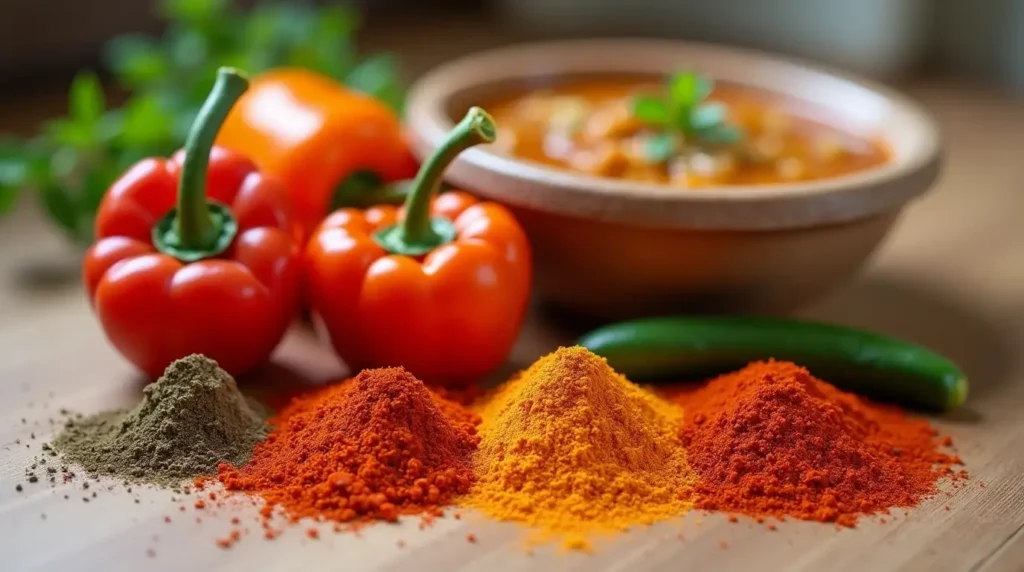 Variety of paprika and spices with a bowl of soup.