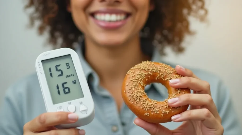 A person holding a protein bagel with a blood sugar monitor in the background.