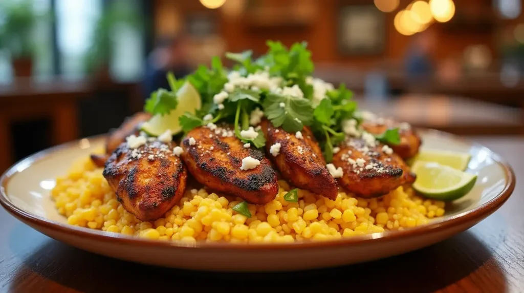 A close-up of a flavorful Street Corn Chicken Rice Bowl with grilled chicken, corn, rice, and fresh toppings.