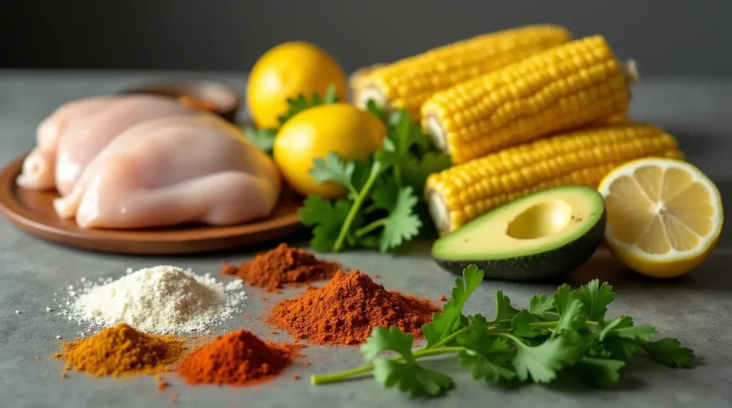 A variety of ingredients for the Street Corn Chicken Rice Bowl displayed on a countertop.