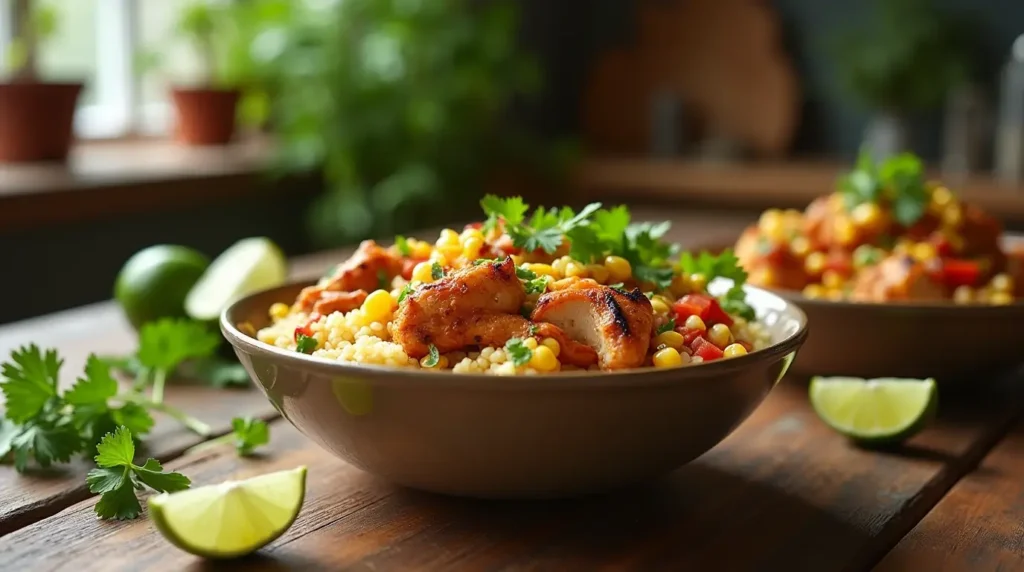 A vibrant Street Corn Chicken Rice Bowl with grilled chicken, corn, and fresh cilantro.